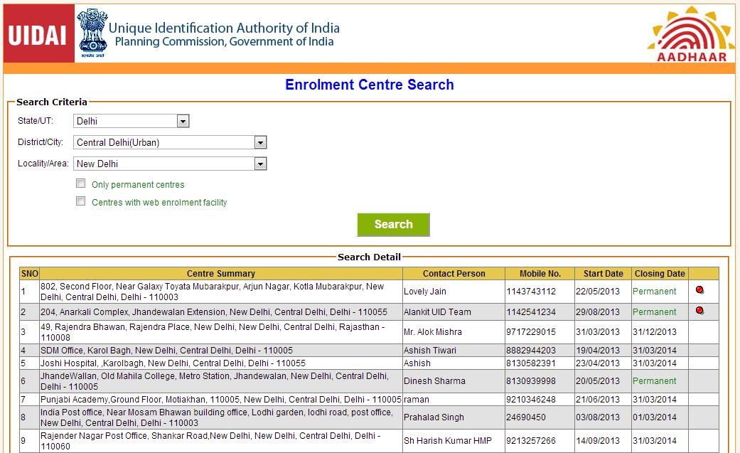 Aadhaar Enrollment Centers